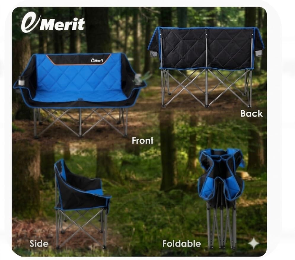 EMERIT Double Camping Chair Oversized Padded for Adults, Heavy Duty Folding Loveseat for Outdoor, Camping, Beach, Lawn, Concert 650LB