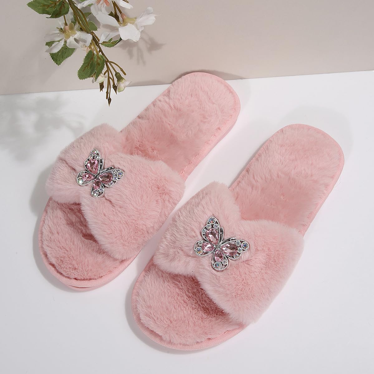 Pantuflas Forma De Mariposa Pedrería Hueca Suave Y Afelpado Cálidas Sandalias Punta Abierta Zapatillas En Casa