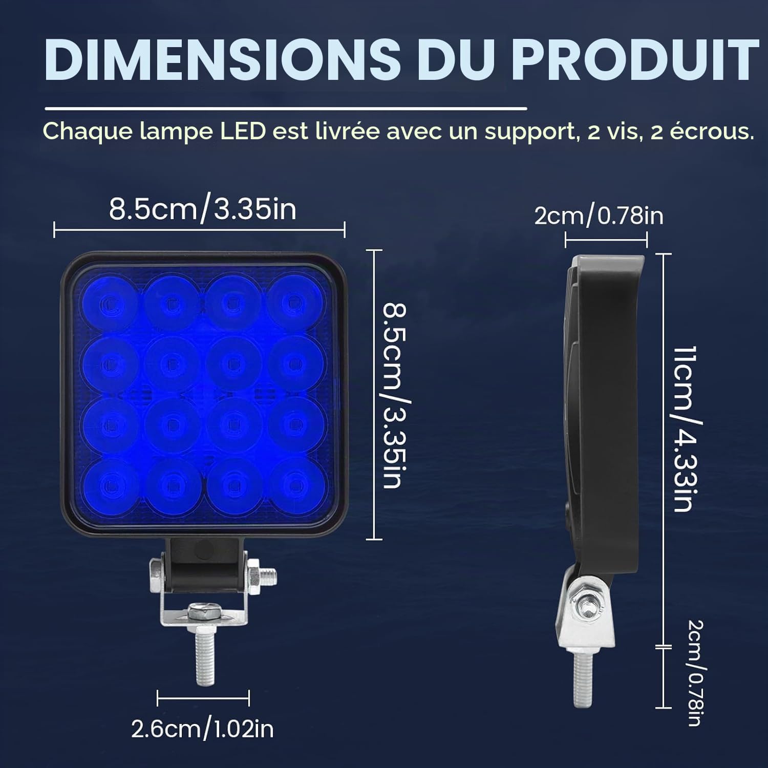 Phares de Travail Antibrouillard LED Ultra-lumineux, Lot de 2 Barres Lumineuses LED Carrées, pour SUV, Quad, 4x4, Bateau, Camion, Tracteur, Projecteurs de Conduite(Bleu)