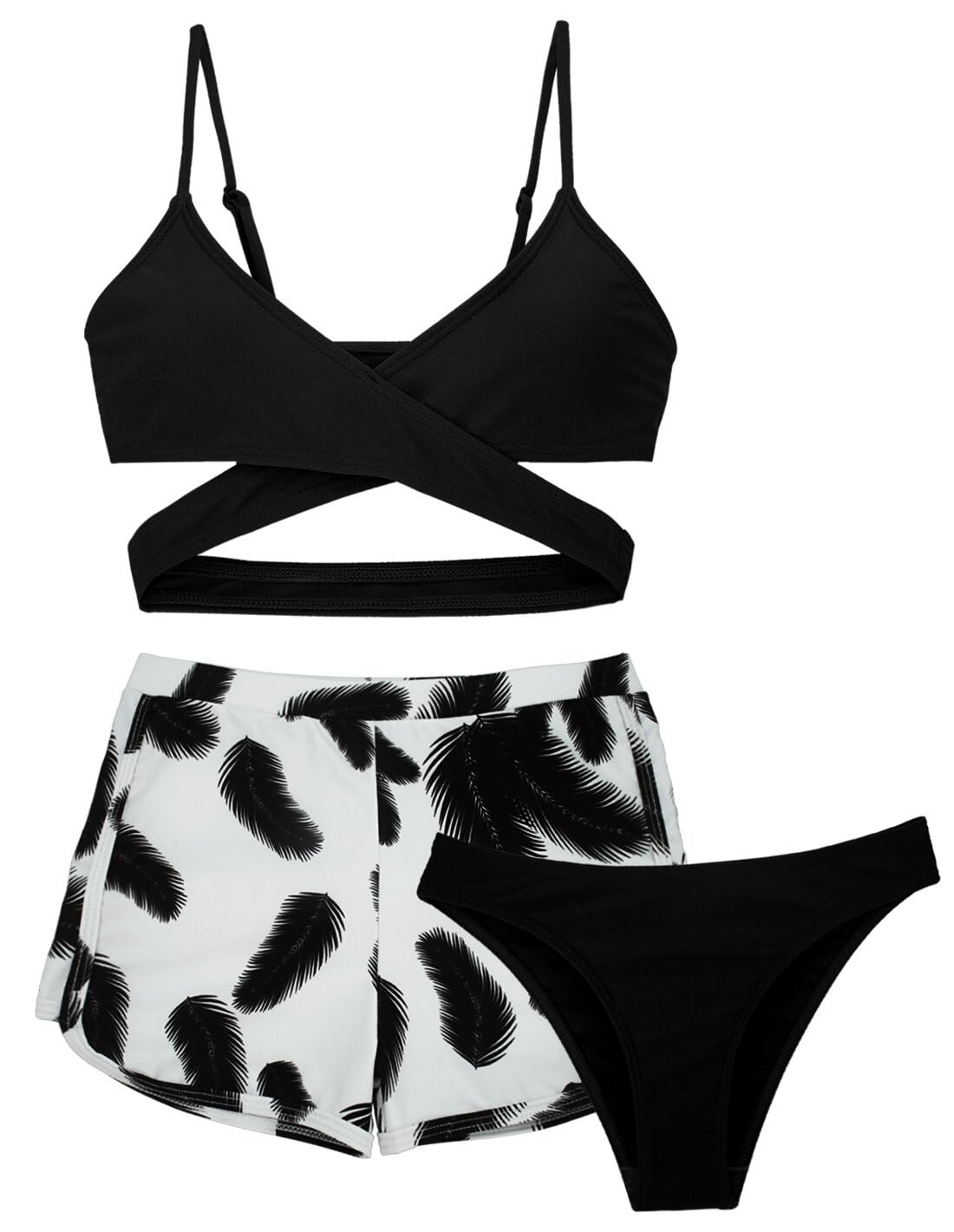 SEAUR Conjunto de bikini para niña con pantalones, traje de baño para niños, 3 piezas, estampado floral, acolchado, bikini de verano, playa, natación para 8-14 años