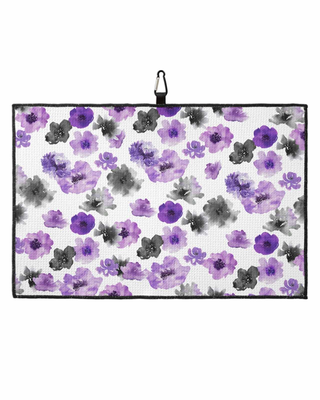 Golf Towel, Plants Floral Purple and Black Flowers White Waffle Microfiber Golf Towels Absorbent Golf Towels for Golf Bags with Carabiner Clip, Golf Accessories for Men/Women, 1 Pack, 24