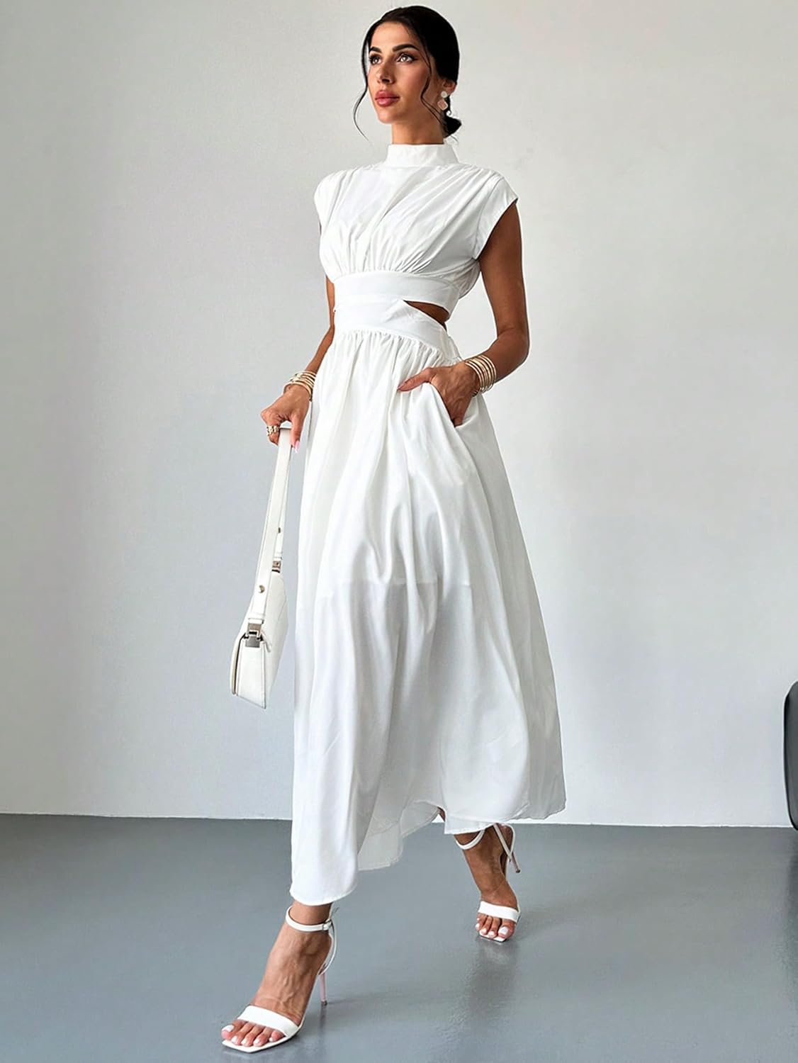 Milumia Women's Mock Neck Cut Out Dress Cap Sleeve Long Flowy Going Out Maxi Dresses with Pockets - Image 3