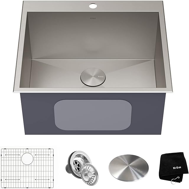 KRAUS Standart PRO 25-inch Drop-In Top Mount 16 Gauge Stainless Steel Single Bowl Laundry Utility Sink, KHT301-25L