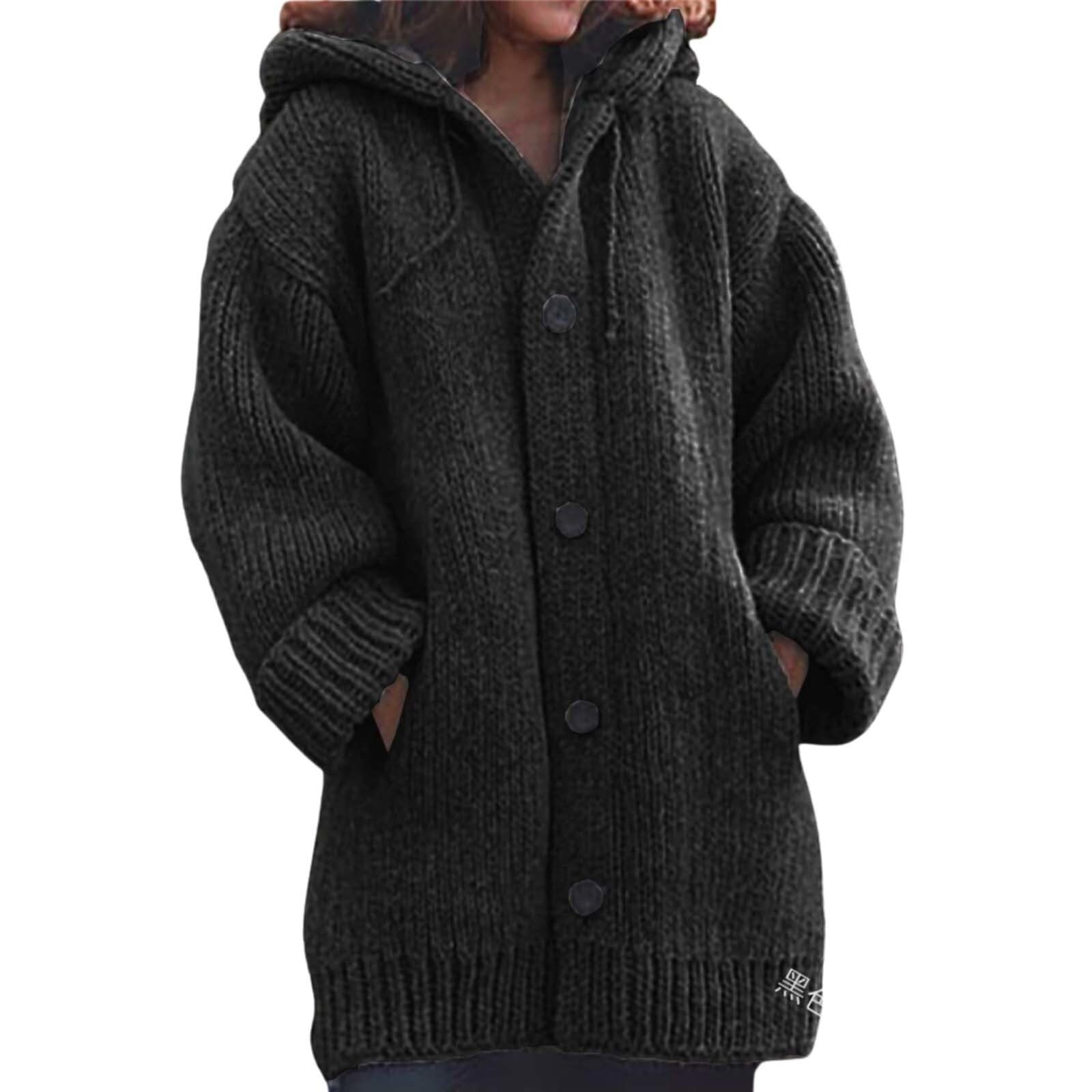 Casual Winter Button Down Open Front Cardigan for Womens Fall Long Sleeve Cable Knitted Hooded Sweaters Coats