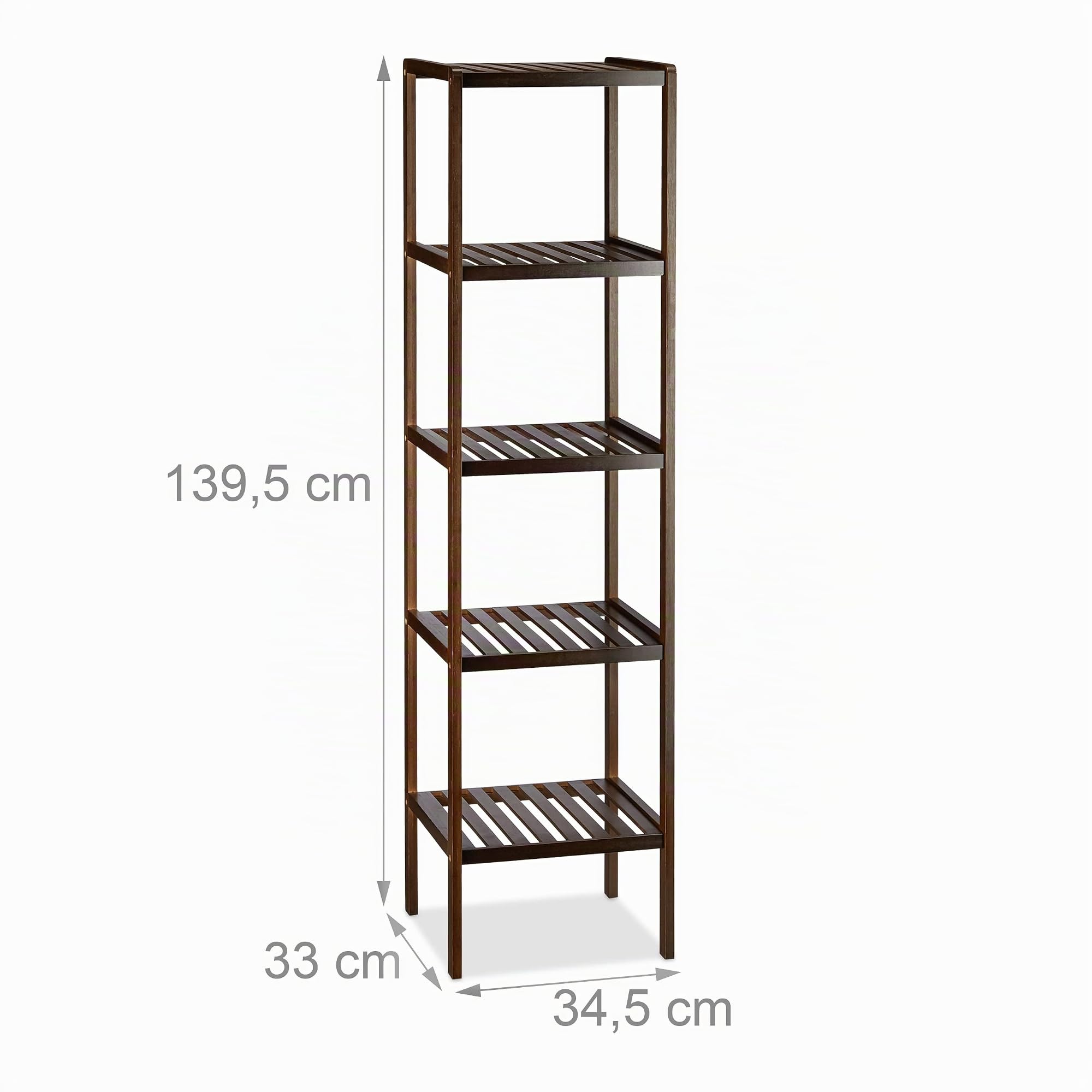 Relaxdays Bambus Badregal mit 5 Ablageflächen, HxBxT: 139,5 x 34,5 x 33 cm, hohes Standregal, Holzregal, Dunkelbraun