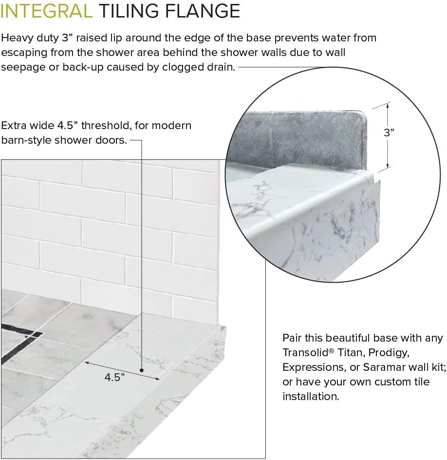 Transolid FPT6032L-SW 60-in x 32-in Pre-Tiled Shower Base with Left Hand Drain in White Square