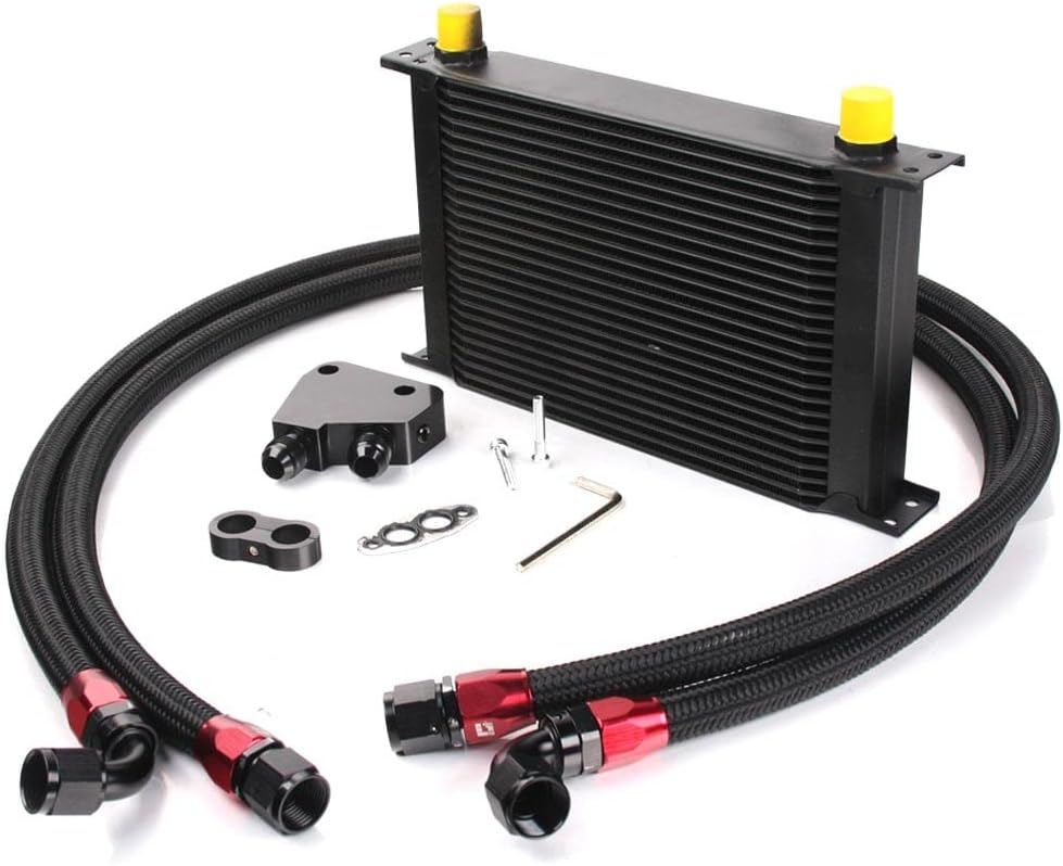 PIT66 25 ROW 10AN Engine Transmission Aluminum Oil Cooler Kit + Oil Cooler Sandwich Plate Fit Compatible with LS1 LS2 LS3