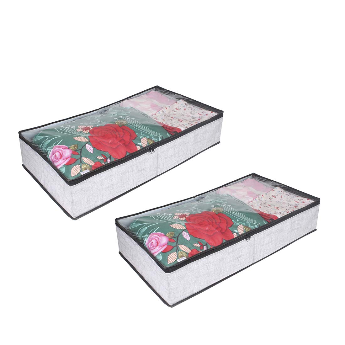 Pretty Krafts Set of 2 Polycotton Transparent Underbed Storage Bag with Handles & Zipper Lock | Space Saving/Foldable/Rectangular Quilt, Comforter, Blankets Storage Bag (99x33x15cm, Grey)-image-47