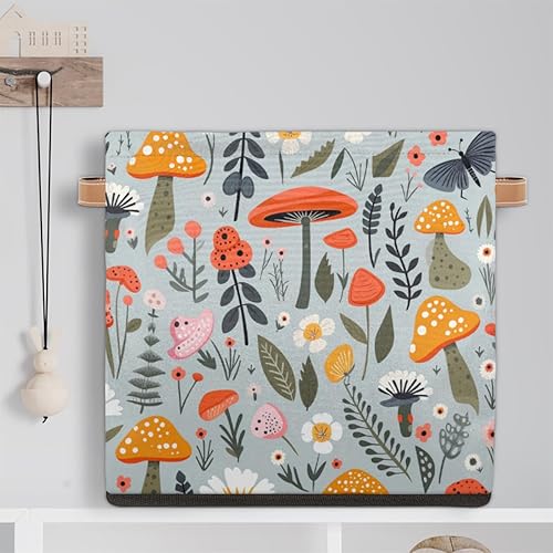 Miniatura 6 de Cesta de almacenamiento de 13 x 13 pulgadas, contenedor de almacenamiento de hongos, hojas, plantas, flores, tela de poliéster, caja de