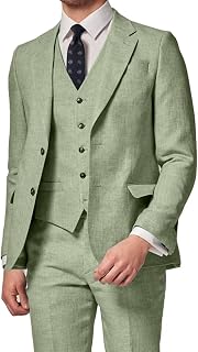 3 Piece Summer Linen Suits for Men, Men's Slim Fit Suit Set Two Buttons Casual Solid Blazers Vest Pants Set for Wedding Party