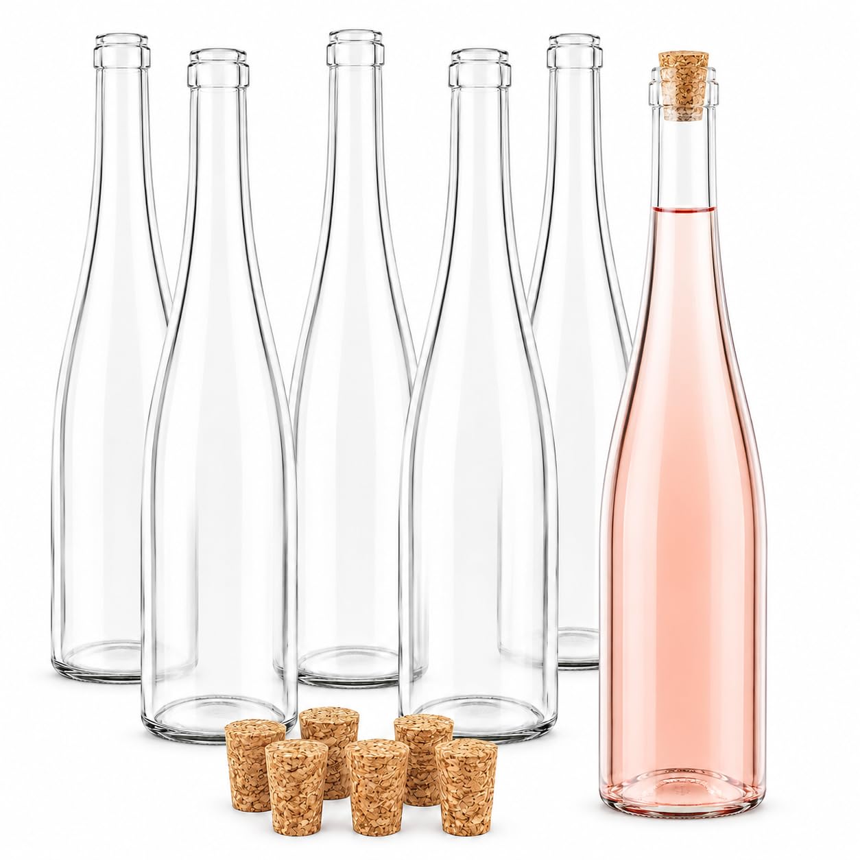 Botellas Vacías para Vino 750 ml Vidrio Transparente Pack 6 Corcho Cónico