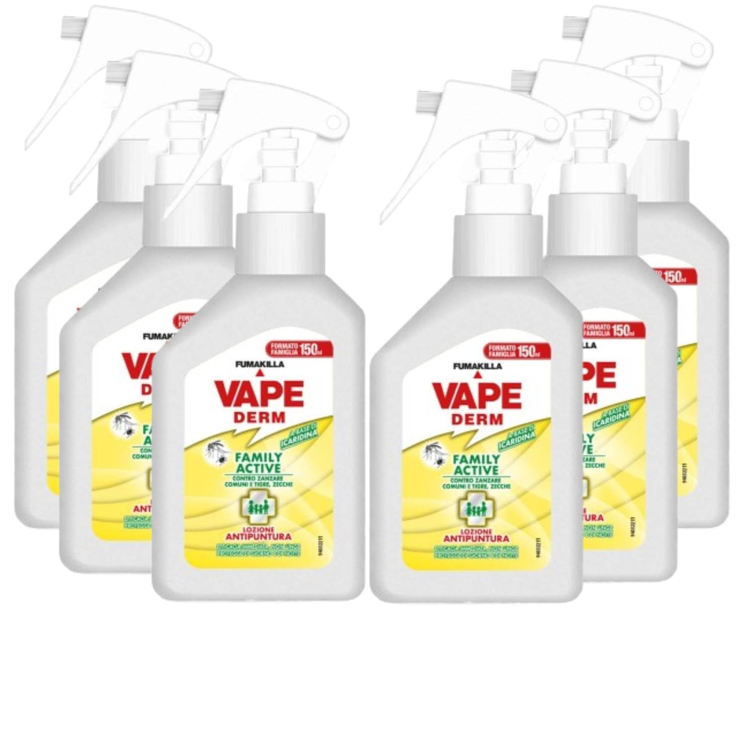 Vape Derm Family Active Lozione Antipuntura Contro Zanzare e Zecche a Base di Icaridina Spray 150 ml Uso Per Adulti e Bambini Efficace e Delicato (6 Unità)