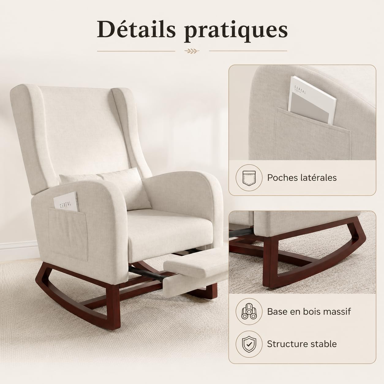 Silla mecedora con reposapiés, sillón oscilante con taburete, cómodo sillón de lactancia para amamantar, con base de madera, 2 bolsillos laterales, 1 cojín lumbar, para salón dormitorio, beige