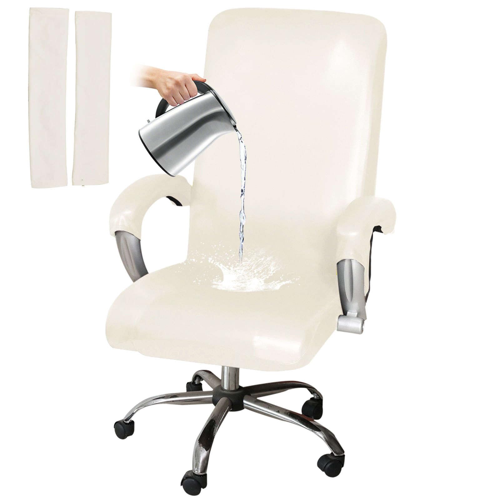 HOMECOVER Elástica Funda para Silla De Oficina Impermeable, Universal De Piel Sintética Giratorio Cubiertas De La Silla De La Computadora con Fundas De Reposabrazos Extraíble-Blanco-Large