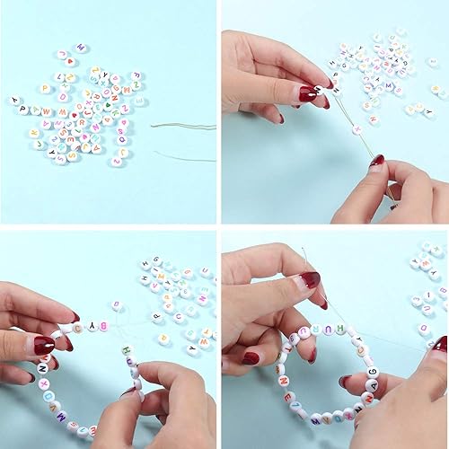 Miniatura 3 de 1400 cuentas redondas blancas de letras del alfabeto acrílico de 0.157 x 0.276 pulgadas con patrón de corazón A-Z y línea de cristal para hacer