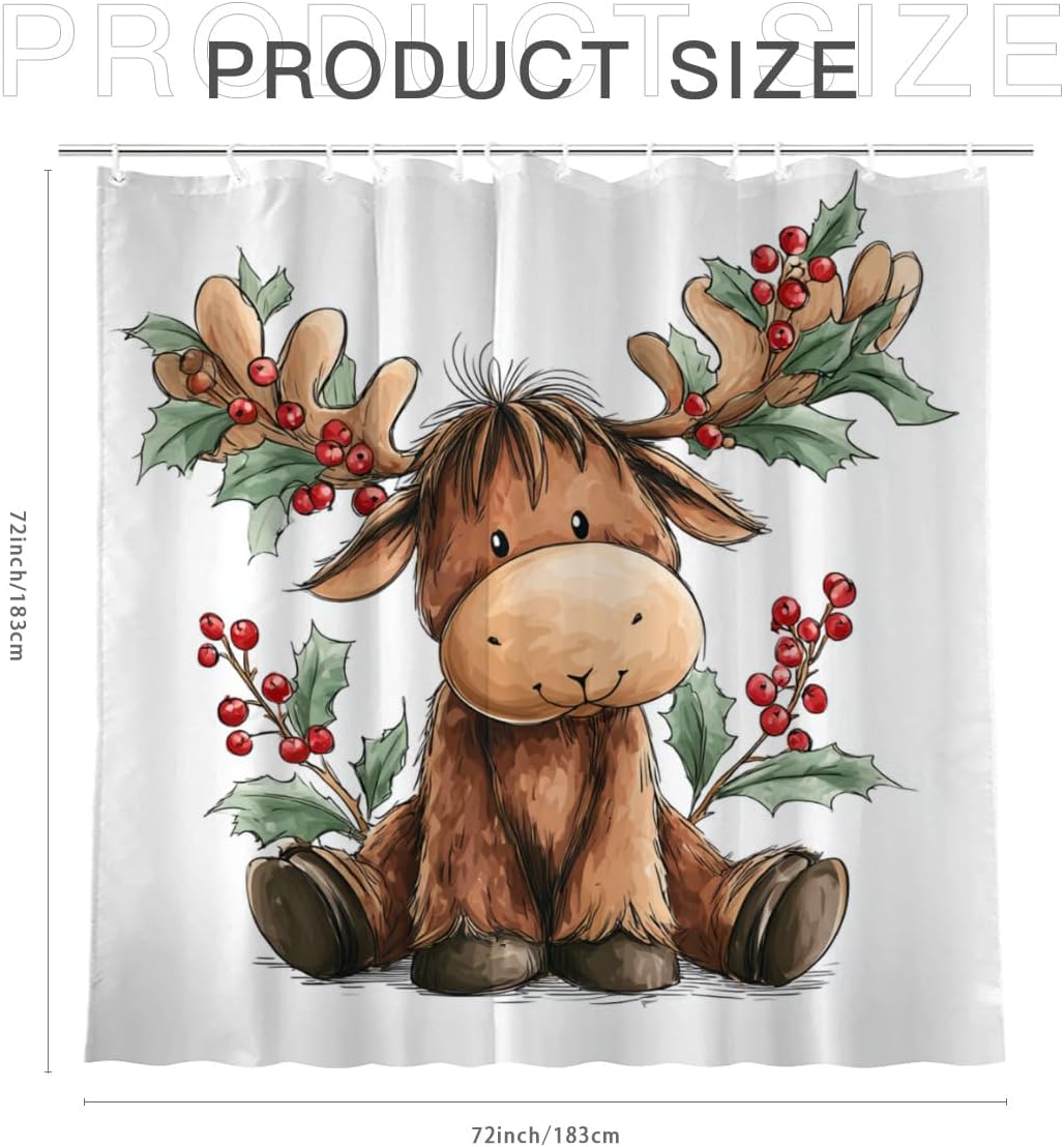 Moose Shower Curtain Christmas with Holly Leaves and Berries 72x72 Inch 12 Hooks Home Hotel Bathroom Decoration