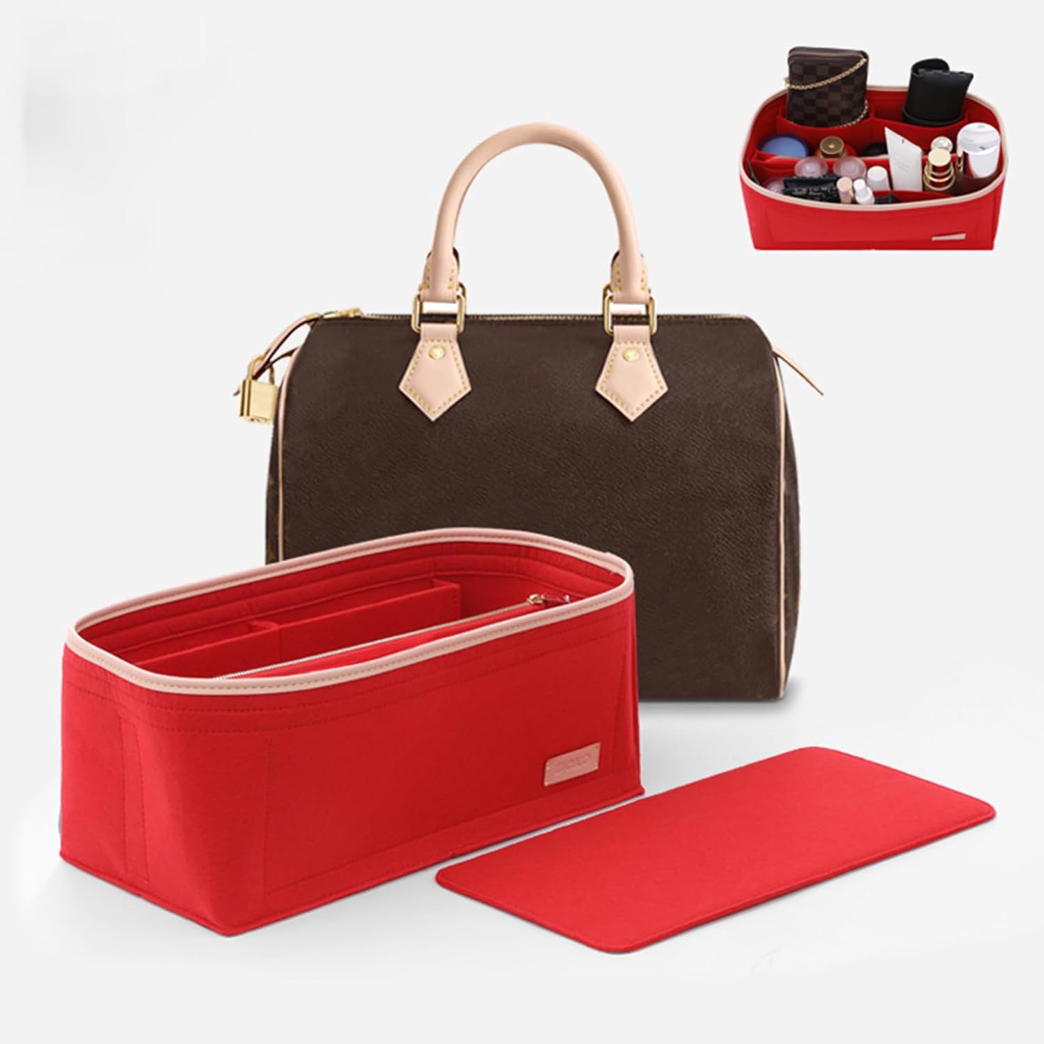 Doxo Purse Organizer Insert for Handbags & Base Shaper Combination,Tote Bag Organizer Insert with 6 Sizes,Compatible with LV Speedy 25 & Neverfull PM ON THE GO and More(Red-Medium) - Image 9