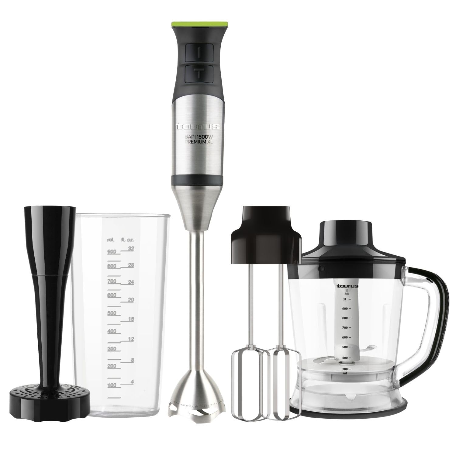 Taurus – Batidora Bapi 1500 Premium XL Fullset | 1500W | 20 Velocidades + Turbo | Cuchillas y Varilla Inox | Ergonómica | Montaje fácil | Antisalpicaduras | Accesorios | Negro