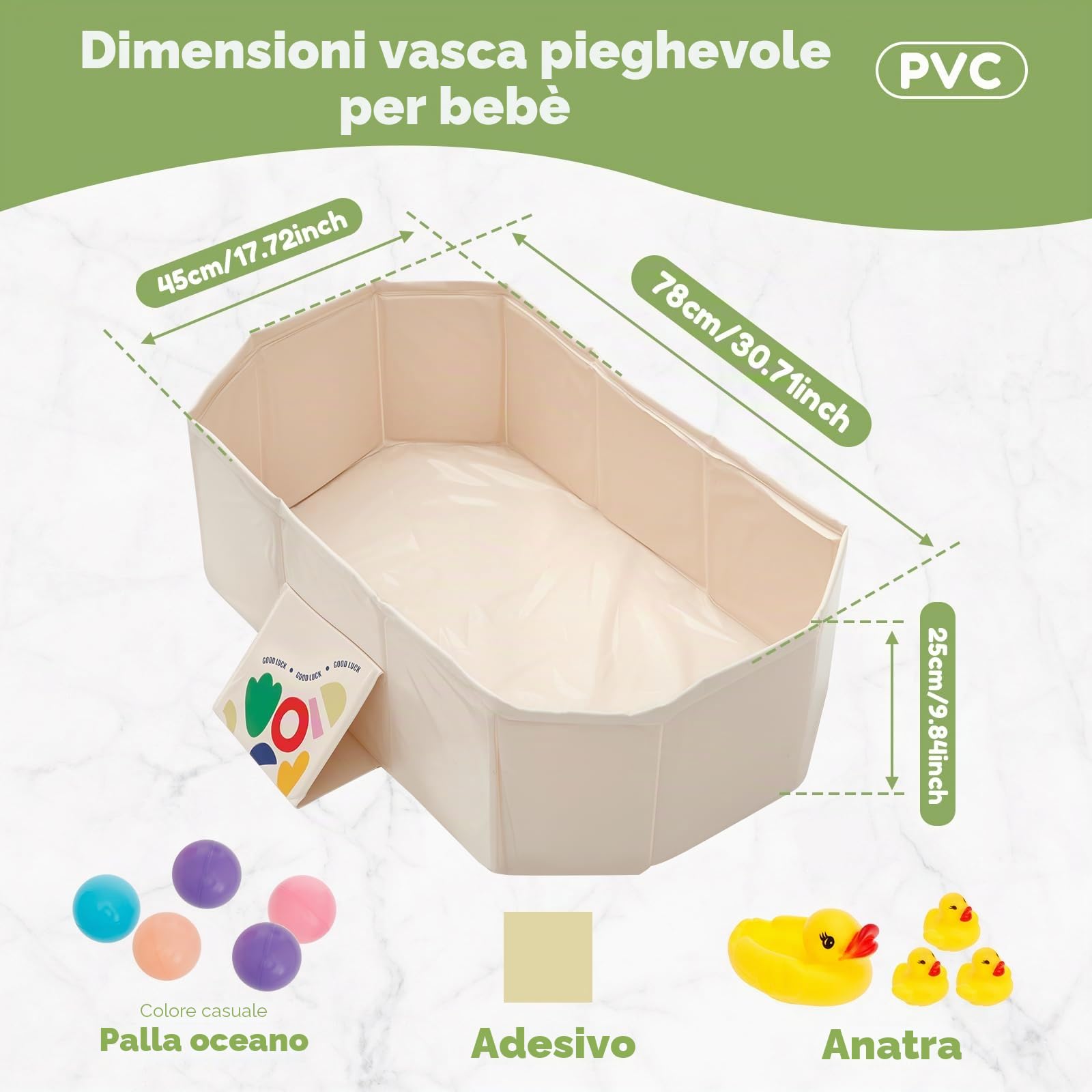 Vasca da bagno pieghevole con 5 palline, 2 anatre, vasca da bagno integrata per bambini con vite di scarico, vasca da doccia portatile, navicella integrata per bambini da 0 a 8 anni