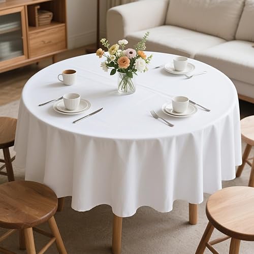 MRJ 70 Inch Round White Tablecloth Stain and Wrinkle Resistant