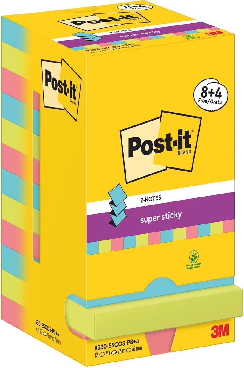 Post-it Super Sticky Z-Notes, Cosmic Colour Collection, 76 mm x 76 mm, 90 Sheets/Pad, 8 + 4 Free Pads/Pack