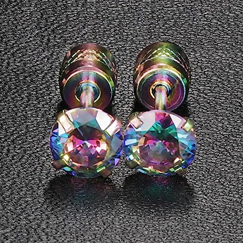 Titanium Screw Back Earrings Colorful Surgical Stainless Steel Rainbow Cubic Zirconia Fake Diamond Flat Stud 316L Hypoallergenic For Sensitive Ear For Women Men Teen Cz Twist Piercing Post #TOP4