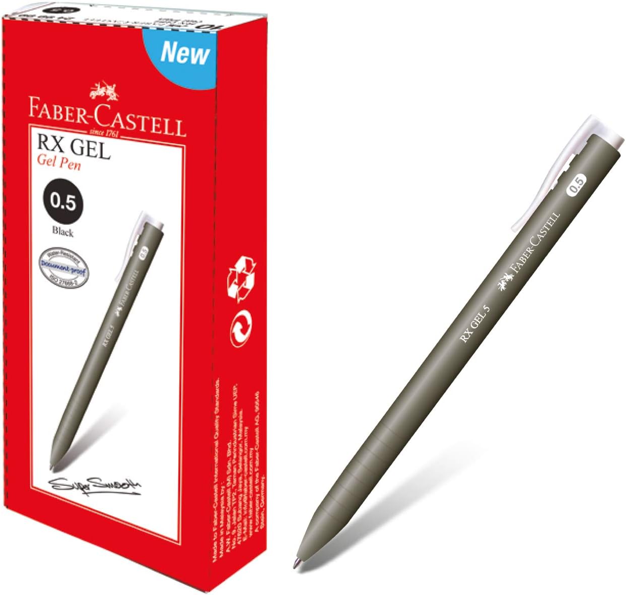 Faber-Castell RX Gel Pen Box of 10 - 0.5mm, Black, Ergonomic Office Pen, Conical Tip, Fade-proof, Waterproof, High Color Intensity, Document Proof, Retractable, Slim Design