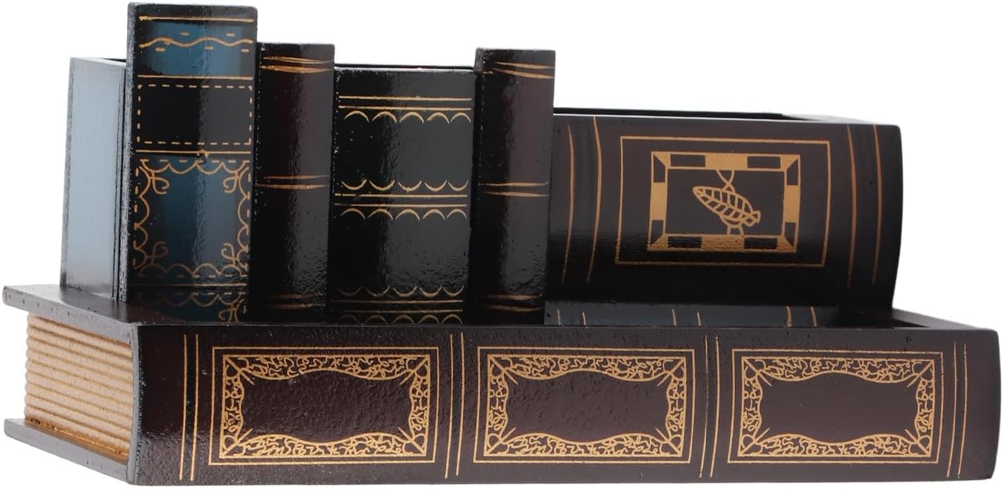 Brrnoo Pencil Holder Pot, Decorative Library Books Design Wooden Desk Pen Pencil Holder Stand,Multi Purpose Use Pencil Cup Pot Office Supply Caddy Pencil Holder Organizer with Bottom Drawer