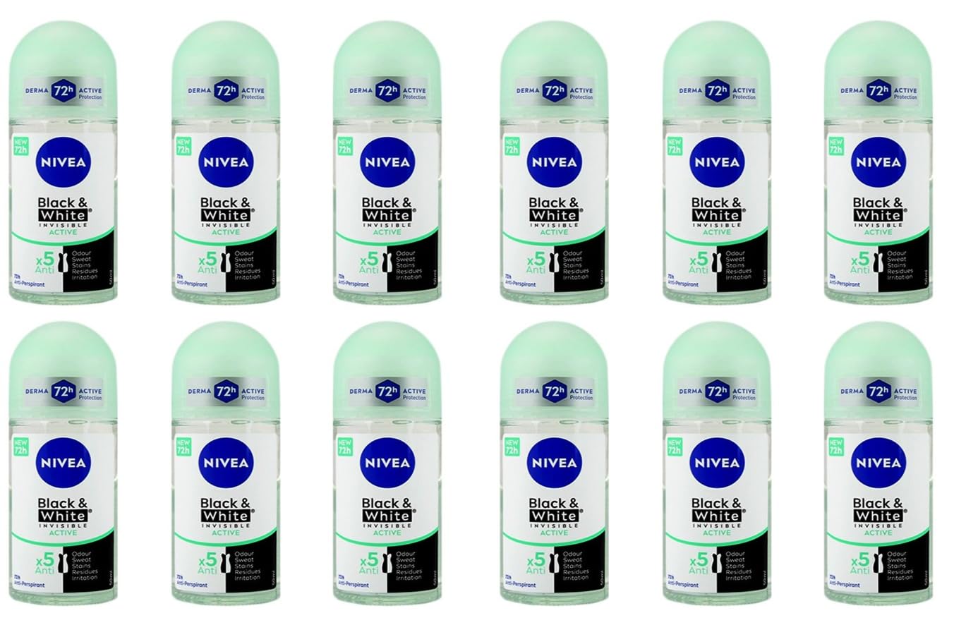12x NIVEA Black & White Invisible Active Deodorant Deo Roll-On Anti-Transpirant Deo mit 72h Schutz antibakterieller Deoroller mit fruchtigem Duft,50ml (12er Pack)