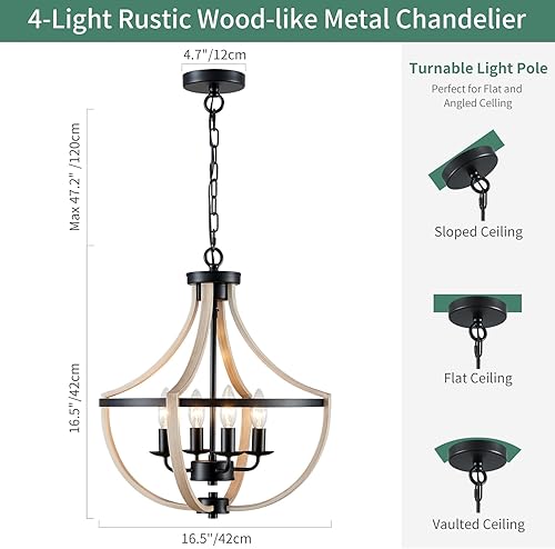 Miniatura 3 de Avzkcy Candelabro de granja de 16.5 pulgadas, 4 luces, moderno, colgante, lámpara de techo de metal vintage con grano de madera blanca para cocina,