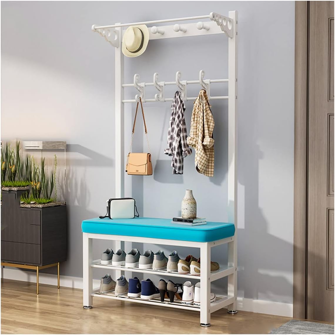 3-in-1 Hall Tree Coat Rack with Shoe Stool with Storage and Hooks for Home Bedroom Laundry Small Place Entryway (Color : White Blue, Size : 60x33x172cm)