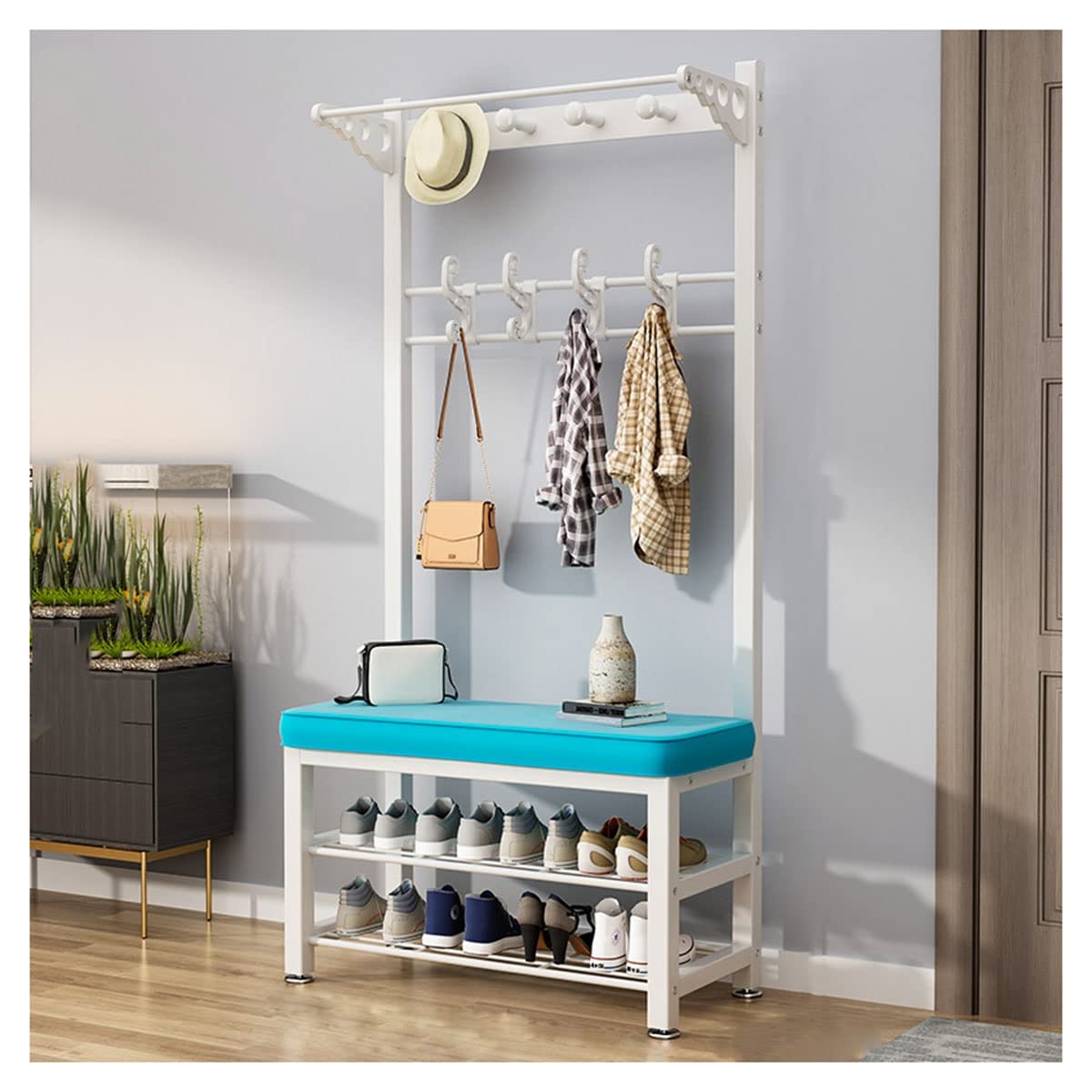 Porte-manteau 3 en 1 blanc bleu pour chambre et rangement de chaussures en entrée