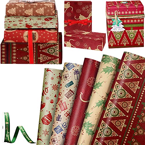 5 pezzi di carta da regalo natalizia, Nastro in