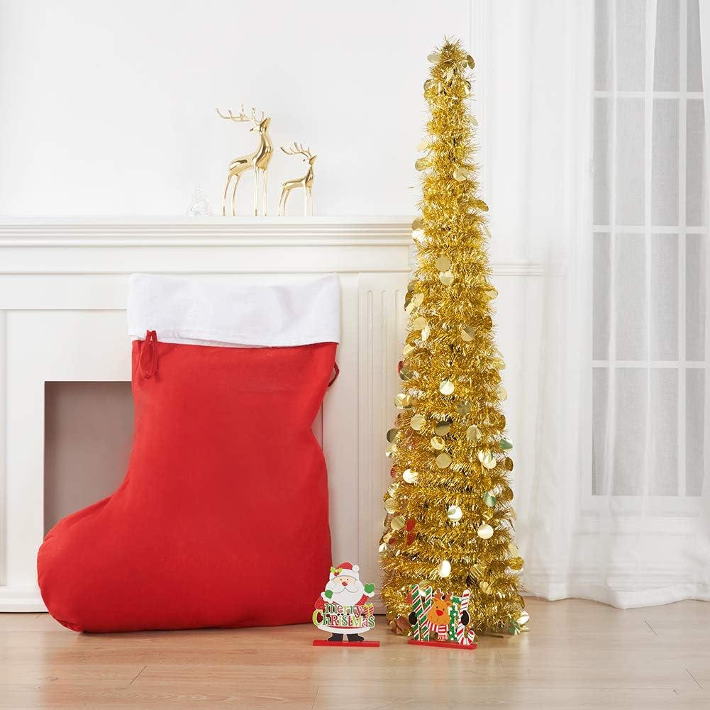 CCINEE 5FT Christmas Tinsel Tree Collapsible Stand Easy-Assembly Gold Tinsel Xmas Tree for Holiday Party Home Office Store Classroon Decoration