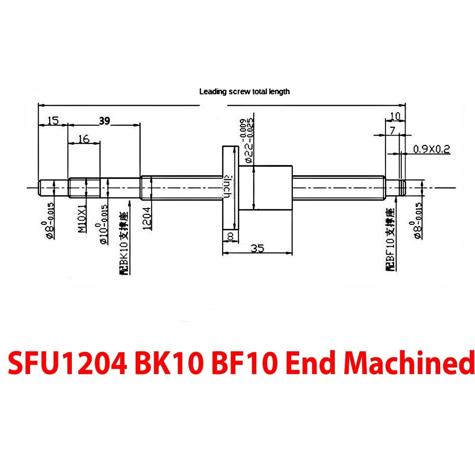 SFU1204 C7 laminowana śruba kulowa z nakrętką kulową 22 mm, średnica zewnętrzna 12 mm, skok 4 mm, koniec BK10 BF10, krok obrobiony prawy gwint (600 mm)