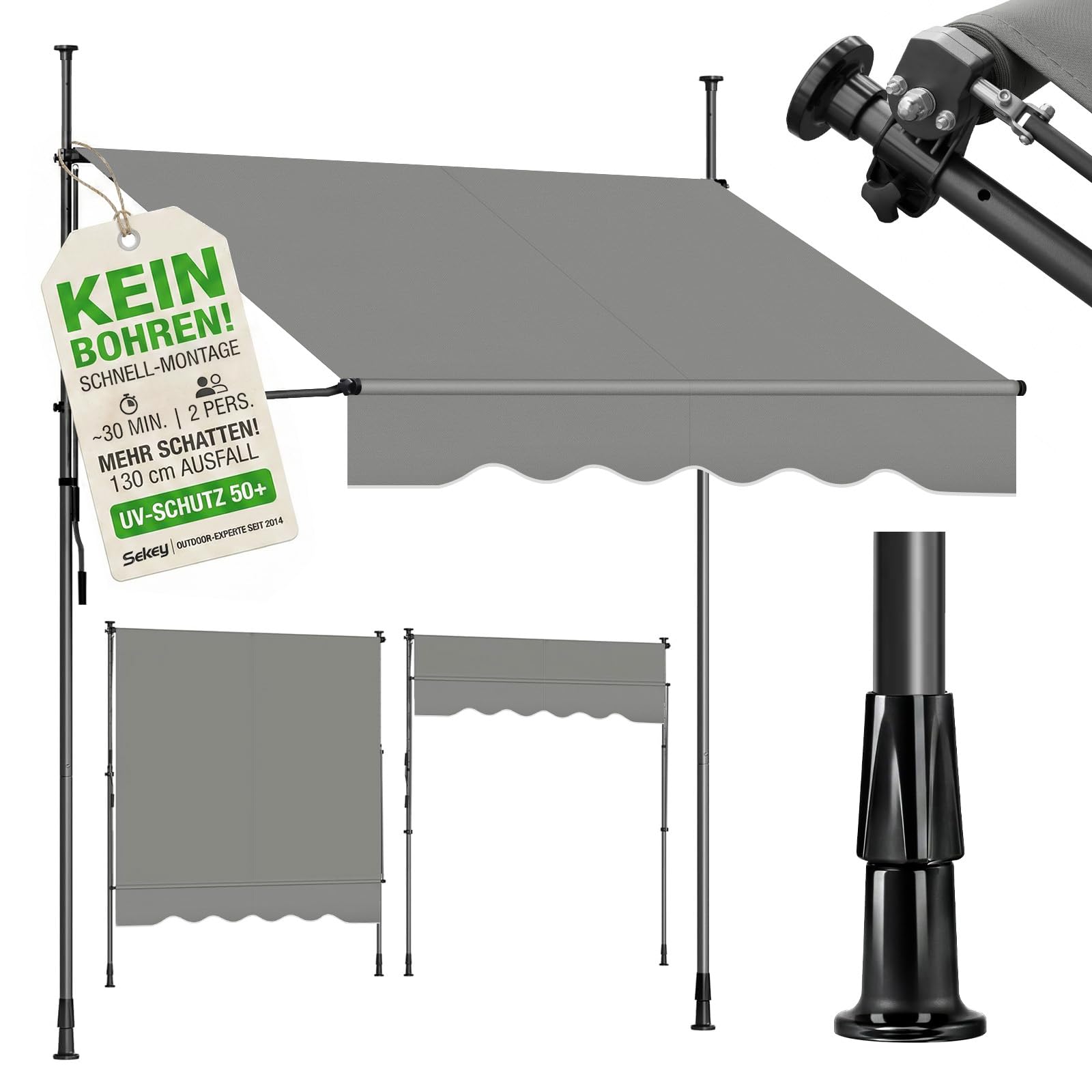 Sekey Klemmmarkise 350 cm breit, Markise Balkon ohne Bohren mit Handkurbel, 130 cm Ausfall, 0-90° neigbar, UV-beständiger Sonnenschutz & wasserdicht (280g/m²), für Balkon, Terrasse & Garten, Grau