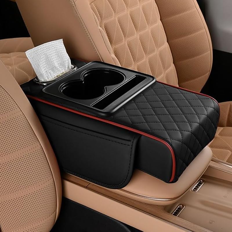 Cojín para reposabrazos de auto, funda para consola central 5 en 1 con 2 bolsas de almacenamiento, portavasos, ranura para caja de pañuelos, ranura para teléfono para sedanes, organizadores interiores de accesorios para auto (negro rojo)