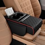 Coficoi Car Armrest Cushion,5-in-1 Center Console Cover with 2 Storage Bags Cup Holder, Tissue Box Slot, Phone Slot for Sedans, Car Accessories Interior Organizers (Black red)