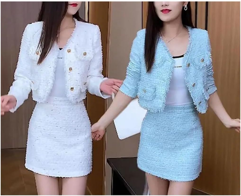 Women's Party Tweed 2 Piece Set O-Neck Tassel Jacket with High Waist A-Line Mini Skirt Outfit Suits
