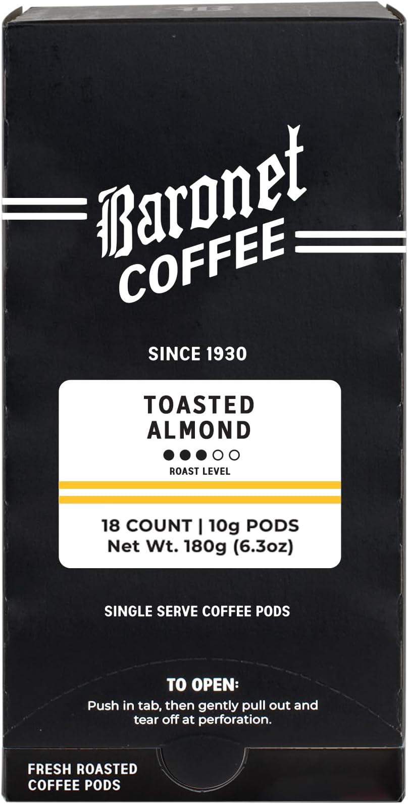 Baronet Coffee Pods [Toasted Almond-54 Pods] Flavored Single Cup Use, Like Senseo [3 Boxes of 18 Single Serve 10 Gram] Regular Strength, Medium Roast [Toasted Almond]