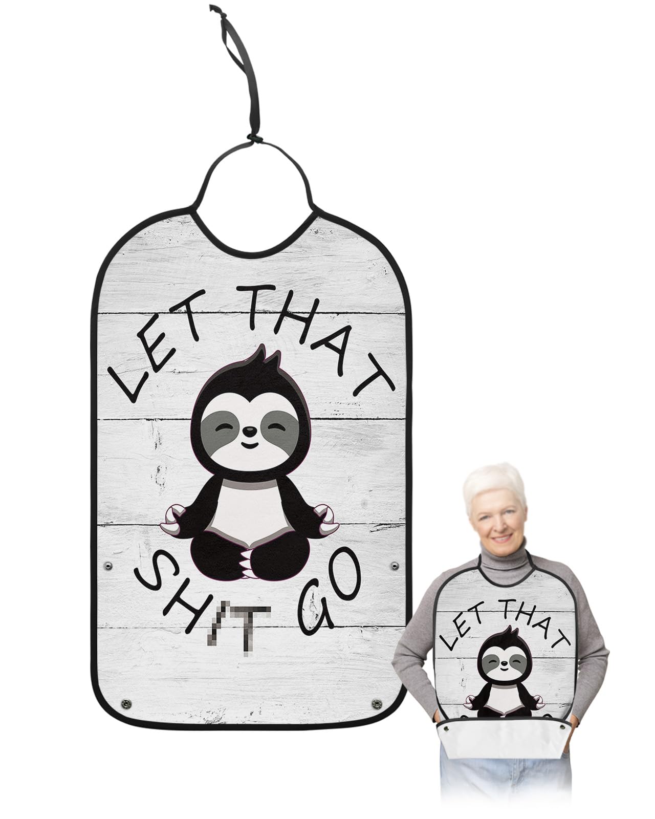 Cartoon Black Animals Adult Bibs for Eating, Waterproof Bibs with Food Catcher & Adjustable Snap Closure, Let That Shit Go Rustic White Wood Clothing Protectors Adult Bibs for Elderly Women/Men