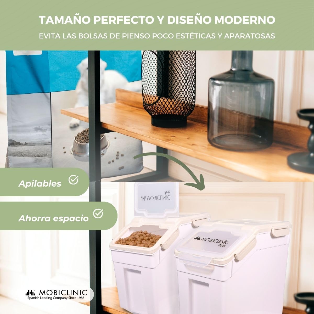 Mobiclinic®, Contenedor Pienso, Pala y Vaso Medidor, Capacidad 20 L/8 Kg, para Mascotas, Cierre Hermético, 23x25,5x36,5cm, con Ruedas, Ventana Transparente, Preservación de Frescor, Feedpet