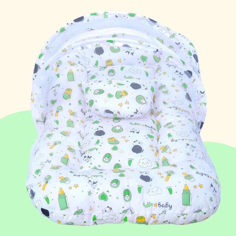 Image of Baby Bed with Mosquito and Insect Protection Net, Portable Mattress with Zip Closure & Pillow Ideal for Babies from 0-6 Months-Unisex (Panda Green)