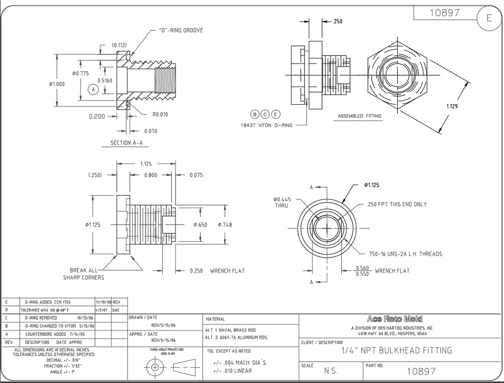 10897 1/4 Brass Bulkhead Fitting (Includes Viton O-Ring)