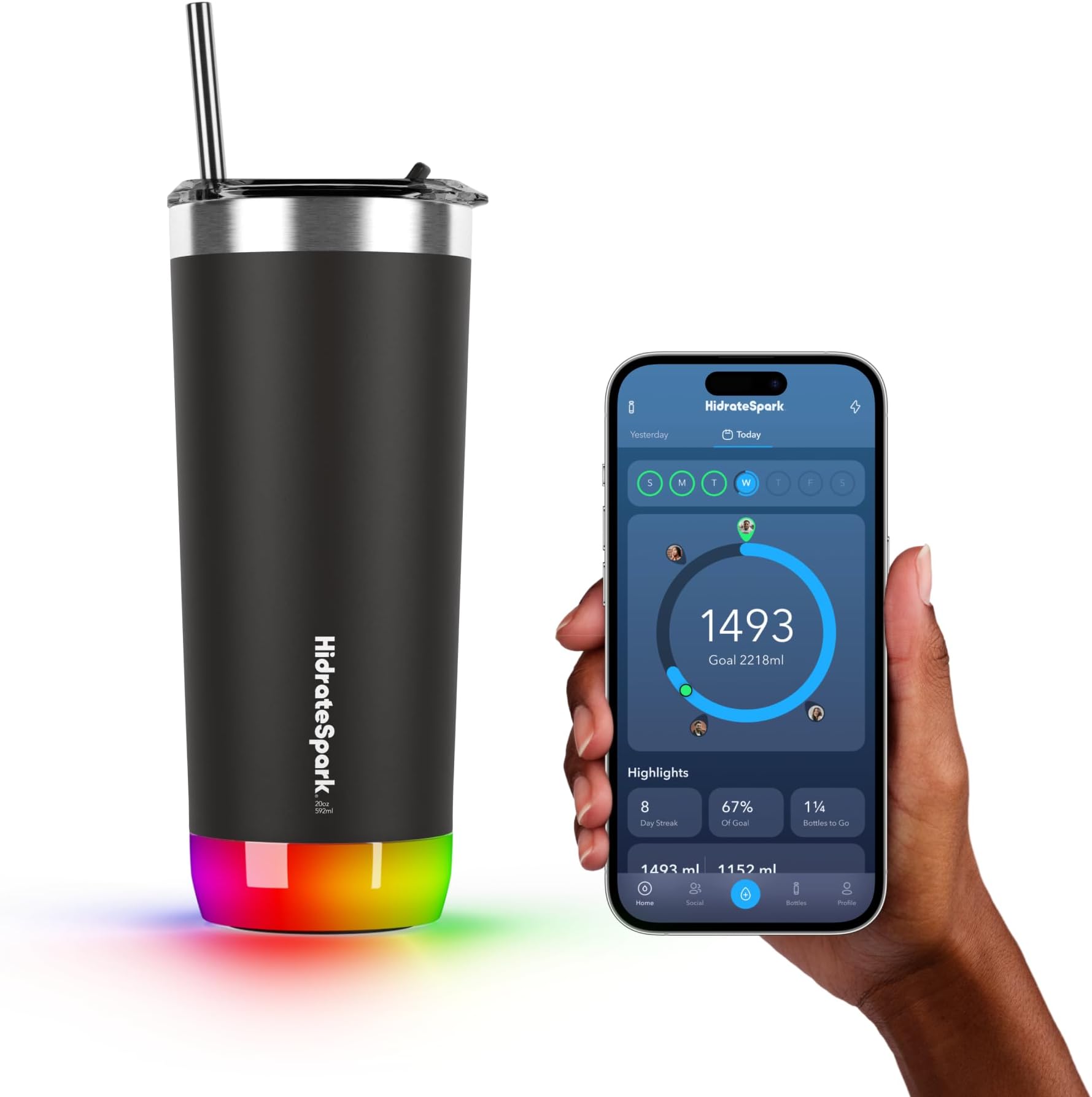 Hidrate Spark PRO Smart Tumbler โ Insulated Stainless Steel โ Tracks Water Intake with Bluetooth, LED Glow Reminder When You Need to Drink โ 20oz, Black