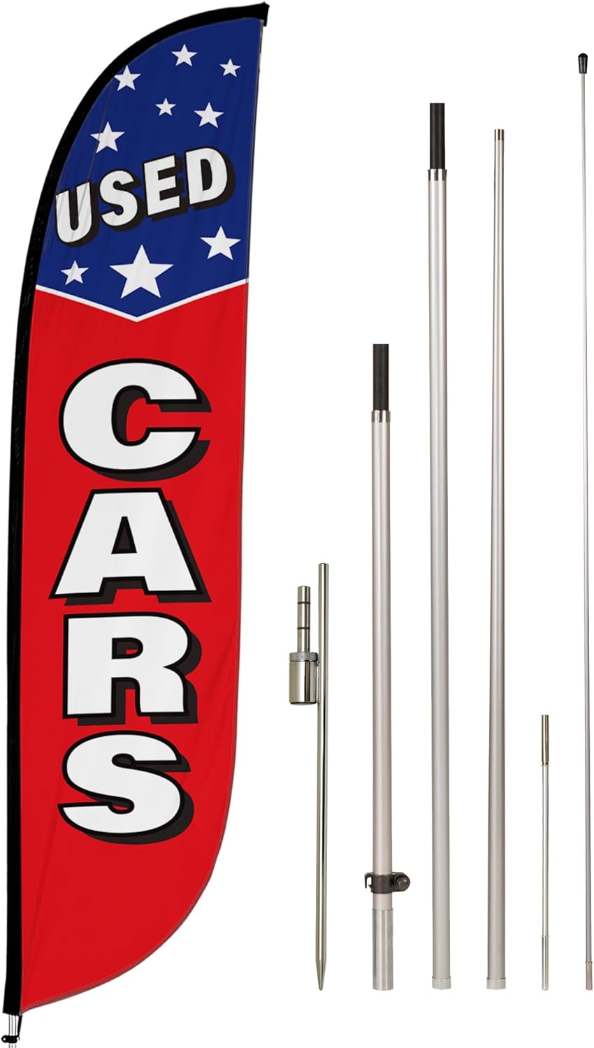 LookOurWay Feather Flag Pole Kit - 12 Feet Tall Advertising Flag Banner with Fiberglass Pole Kit and Ground Spike for Business Promotion - Car Wash Flags - Auto Detailing (10M1200330)
