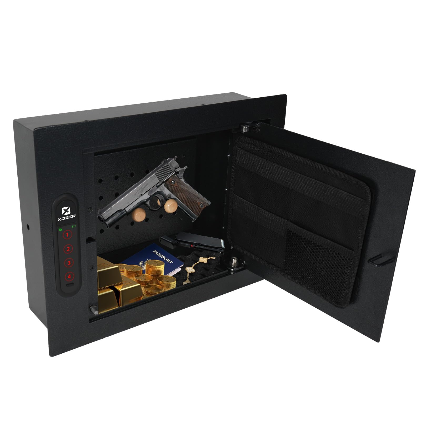 XDeer Hidden In Wall Safes Between 16" Studs with Removable Pegboard, 0.405 cuft Hidden Security Floor Safe with Key Lock for Handgun, Jewelry, Passport 1PCS -15 * 11.85 * 4.5 inch