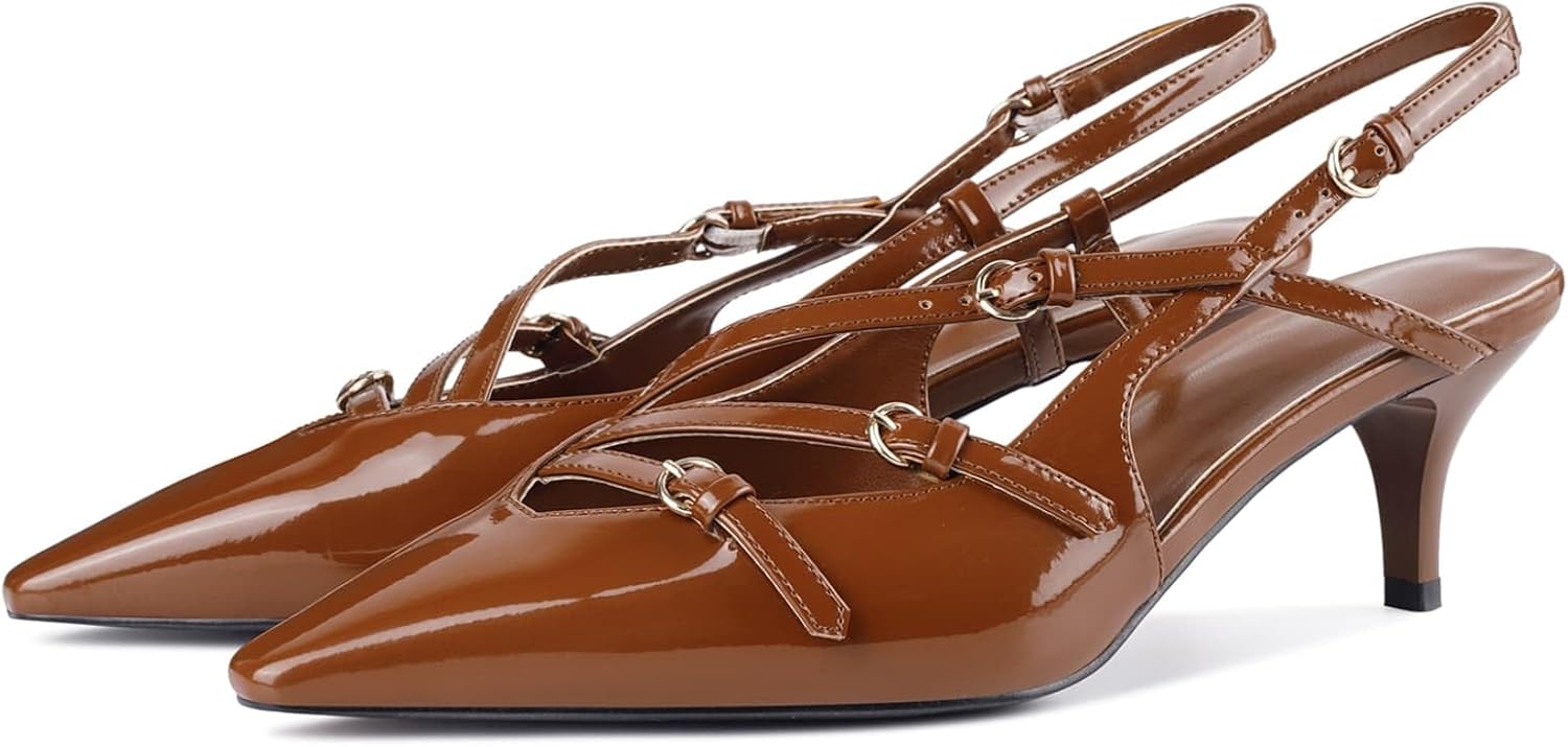 CORNMOOD Slingback Kitten Heels for Women Pointed Closed Toe Pumps Low Stiletto Heels with Buckle Strap Shoes for Wedding Party Office