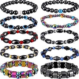 Hicarer 10 Pieces Magnetic Hematite Bracelets for Men Women Magnetic Bracelet Rock Beads Stone Bracelet,10 Styles