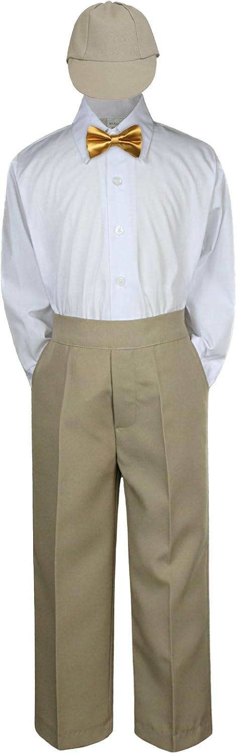 4pc Baby Toddler Kid Boy Wedding Suit Khaki Pants Shirt Bow tie Hat Set Sm-4T
